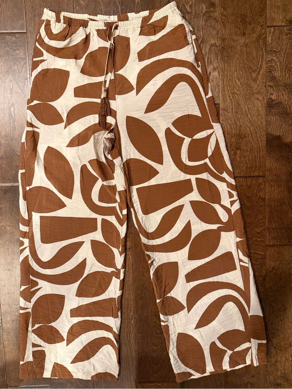 Rachel Zoe Wide Leg Palazzo Pants Brown Cream Leaf Print- size S